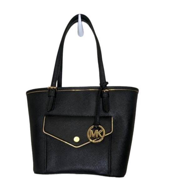 Michael Kors black handbag tote Frame jet set saffiano leather medium - Picture 1 of 13